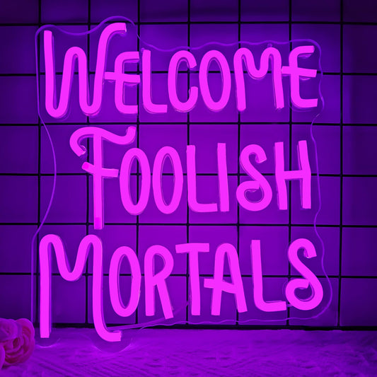 Ajoyferris Halloween Welcome Foolish Mortals Neon Sign Dimmable Gothic Haunted Mansion Led Neon Signs for Wall Decor Spooky Neon Lights for Haunted House Halloween Party Decor
