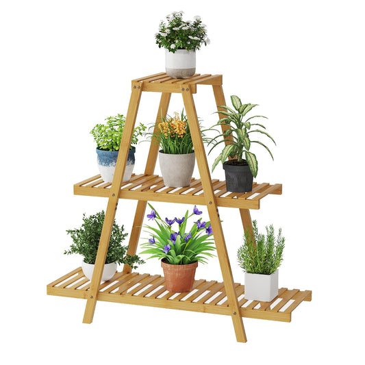STDDRE Plant Stand For Indoor Outdoor Tiered Plant Shelf 3 Tier 8 Potted Bamboo Flower Holder Ladder Rack For Multiple Triangle Table Plant Pot Stand (Natural)