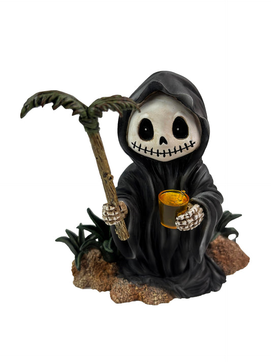 AUROANC Adorable Skull Grim Reaper Figurine,3.94”H,Halloween Death Sculpture,Grim Reaper Skeleton Statue