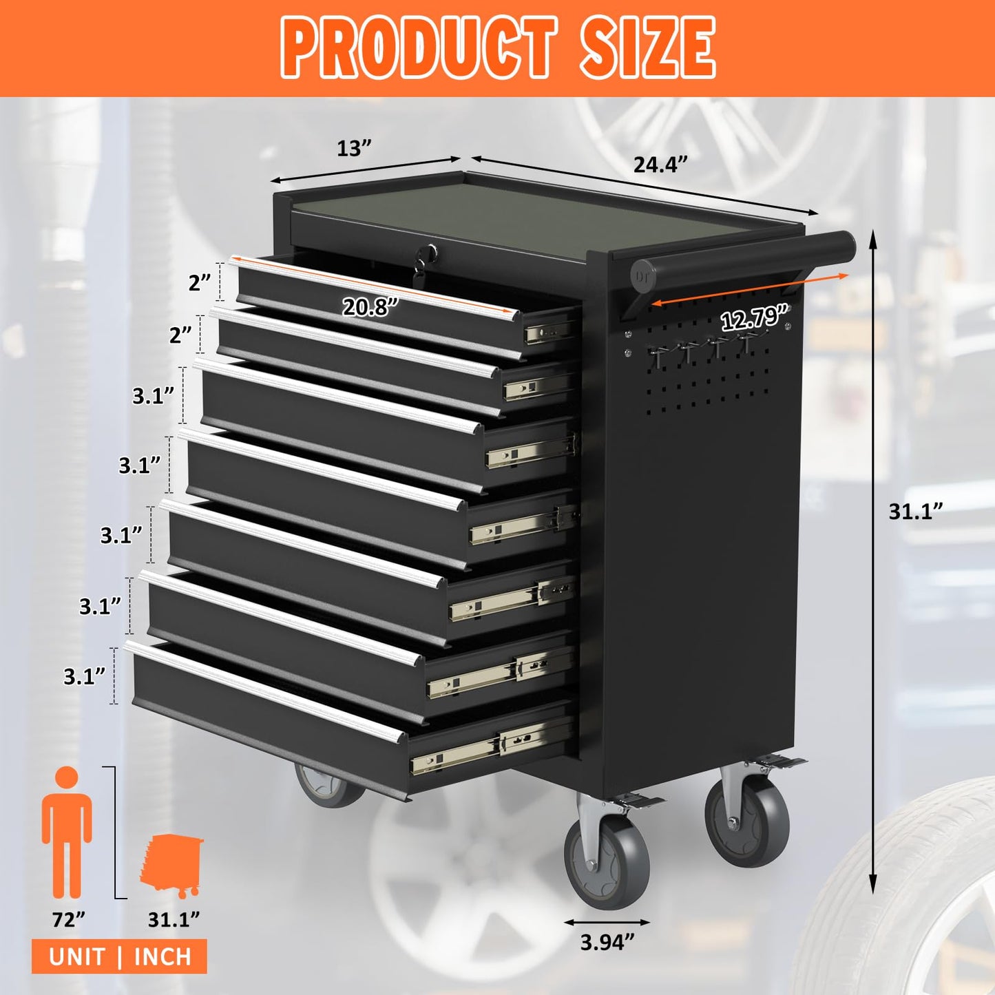 7-Drawer Rolling Tool Chest with Wheels, Metal Tool Box, Large Capacity Tool Storage Cabinet with Keyed Locking, Tool Organizer Box for Garage, Workshop, Warehouse (Black)