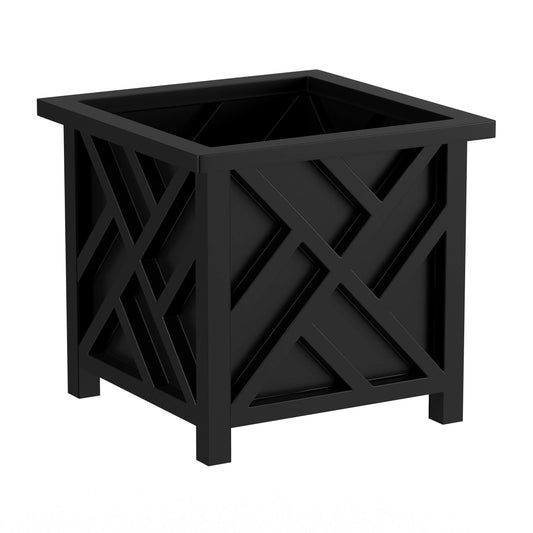 Lattice Design Outdoor Planter Box - 14.75” Square 13” Tall Black Plant Pot - Decorative Plant Pots for Front Porch Decor - Flower Pots Outdoor Planters for Porch Patio or Garden Decor by Pure Garden