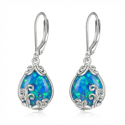 POPLYKE Blue Opal Filigree Teardrop Drop Dangle Earrings Sterling Silver Leverback Earrings Opal Jewelry Gifts for Women