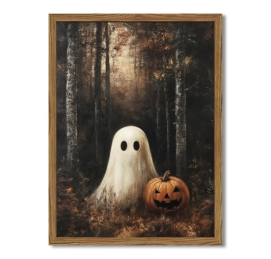 Framed Vintage Halloween Ghost Canvas Wall Art, Cute Ghost Pumpkin Wall Decor Paintings, Gothic Dark Academia Pictures Prints Spooky Fall Forest Home Decor for Living Room Bedroom 12x16 inch