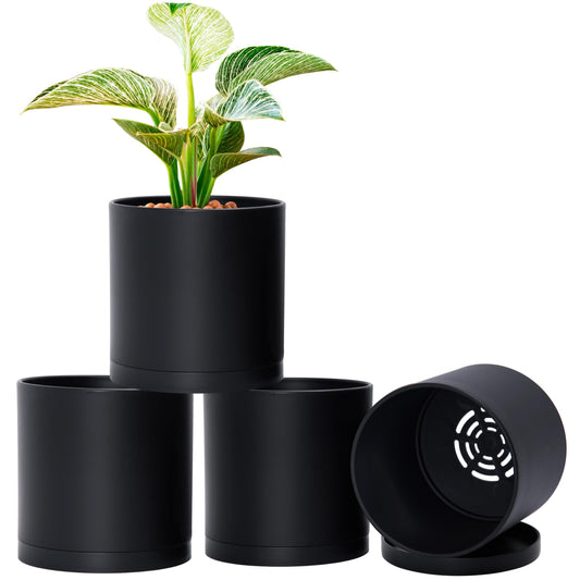 D'vine Dev 4 Pack 6 Inch Modern Plastic Plant Pots, Small Garden Planters for Plant with Drainage Holes and Saucers, Black Color, 74-Y-J-2