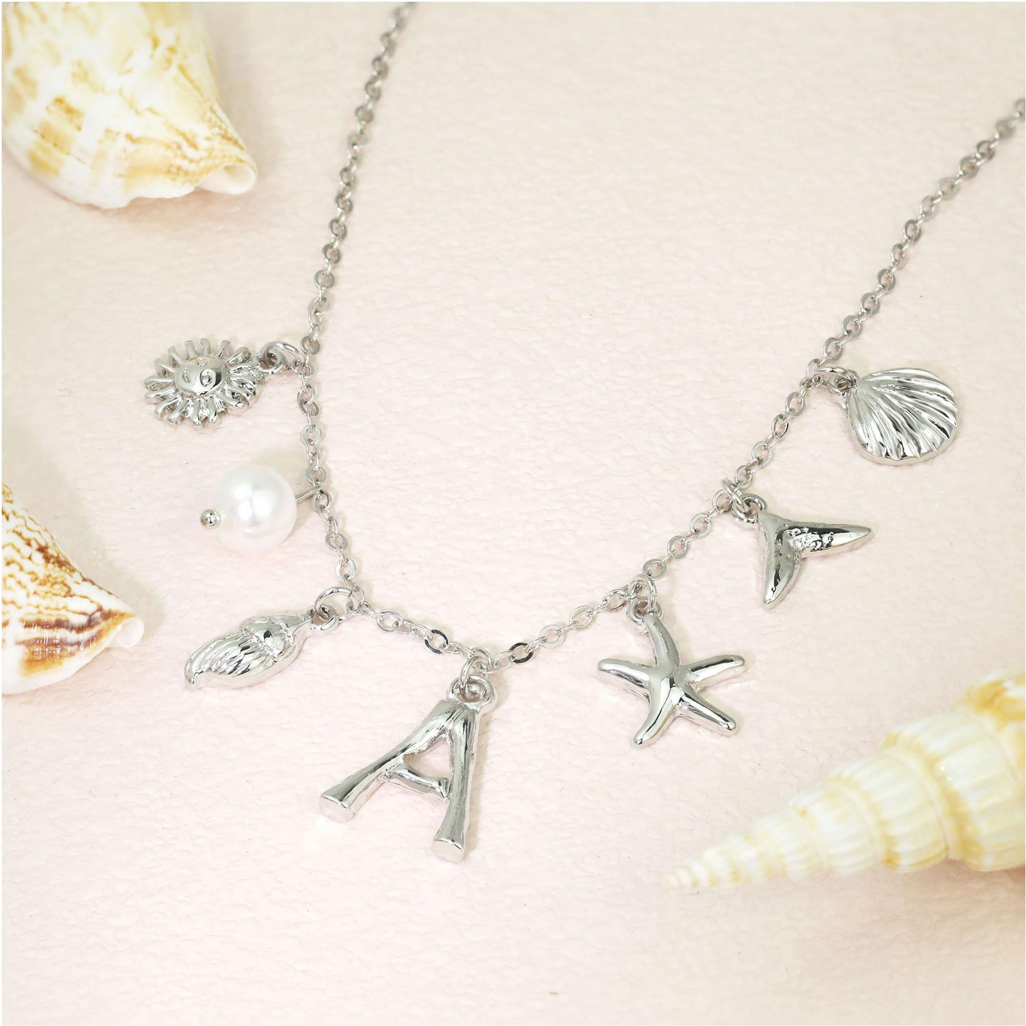JALZEMPL Initial Charm Necklace For Women Seashell Shell Letter Boho Summer Beach Starfish 14k Gold Plated Silver Pendant Surfer Jewelry Gifts (I,Silver)