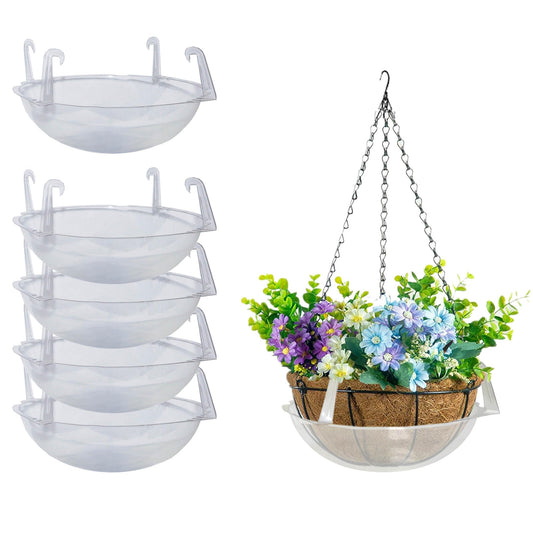 Curtis Wagner Plastics Wire Coco Hanging Basket Drip Pans (5-Pack) | Clear, Round (Top 12” - 14", Depth 3.75") Hanging Plant Tray Saucer with Built-in Hooks & Water Catcher for Indoor & Outdoor