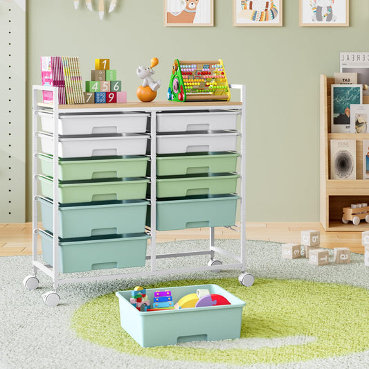 Rolling Storage Cart with 12 Drawers, Wooden Tabletop Utility Cart for Craft Storage, Art Supply Storage & Home Office Organization, Teacher Cart with Wheels for Classroom Organization, School (Green)