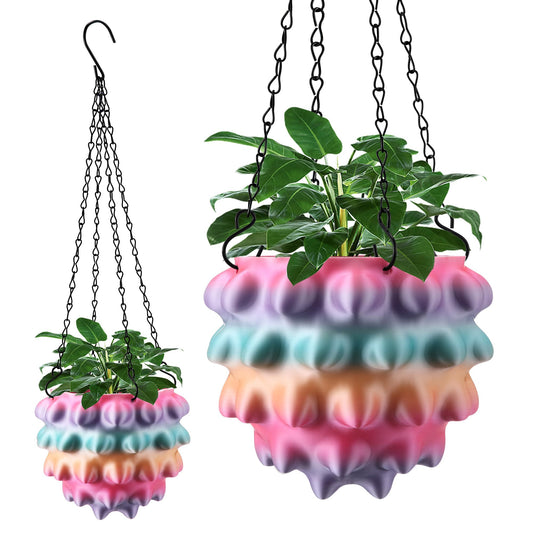 Enhon 7 Inch Hanging Planters for Indoor Plants, Unique Hanging Pots for Plants with Drainage and Hanger Baskets Hangers, Spiked Orb Plant Hanger, Silky Rainbow Finish