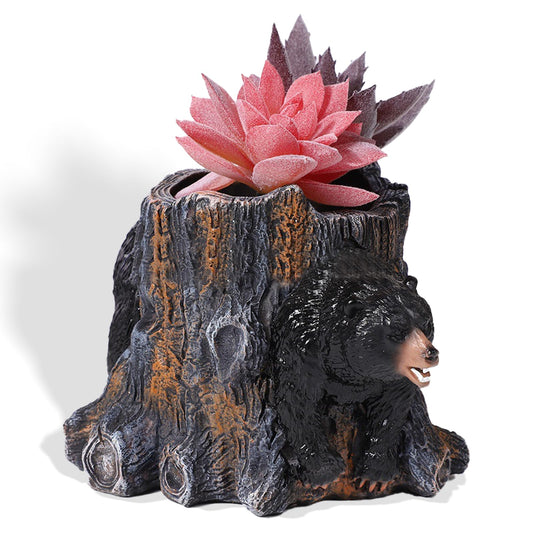 Seyont 5 Inch Black Bear Succulent Planter - Small Resin Tree Stump Flower Pot with Drainage Hole, Cute Animal Container for Cactus, Indoor Desktop Decor Gift