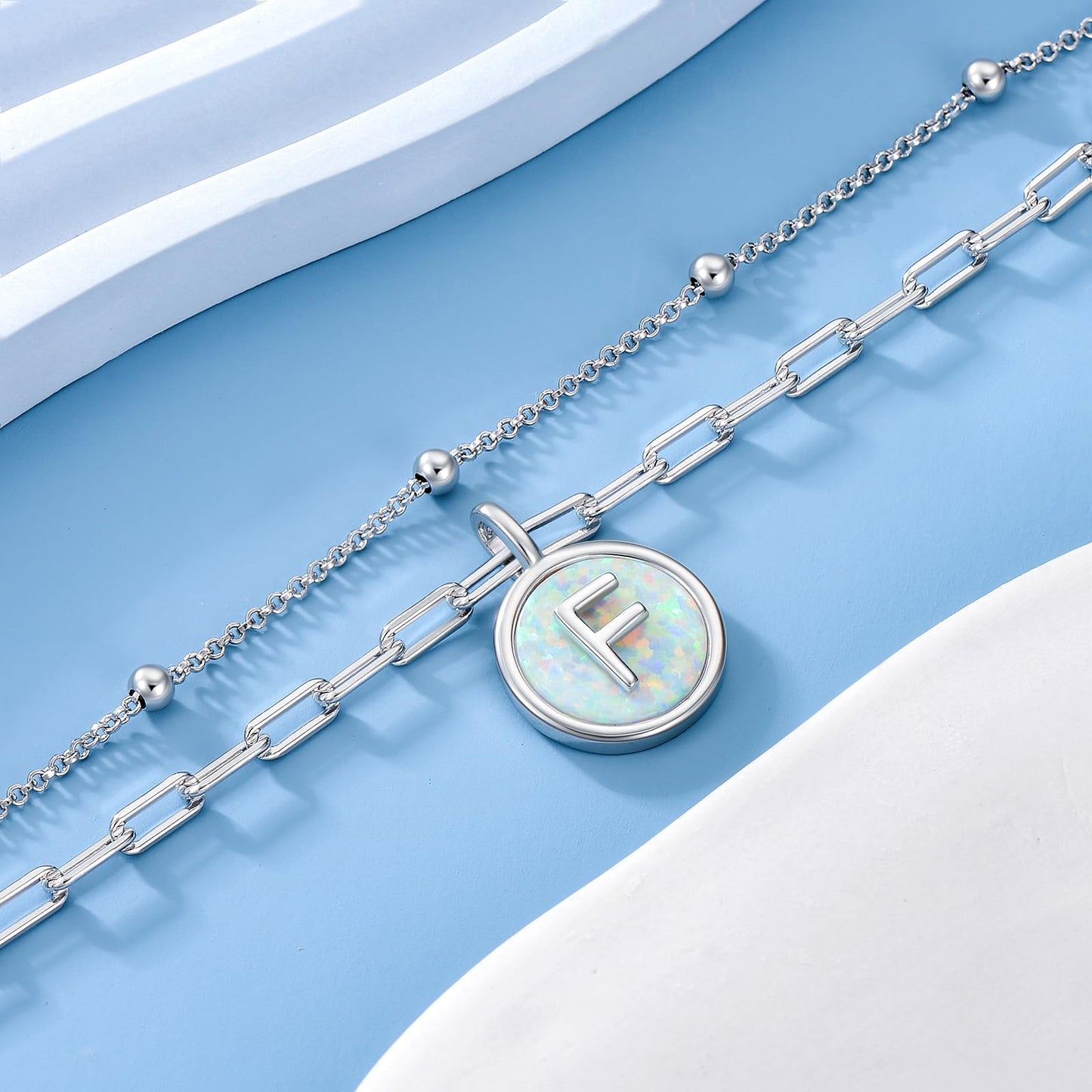 LWQQWL Initial F Bracelet for Women 925 Sterling Silver Layered Initial Bracelet Opal Letter 26 Alphabet Jewelry Christmas Gifts
