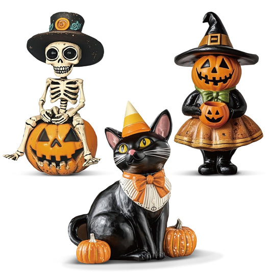 Yalikop 3 Pcs Flat Vintage Halloween Wood Decoration Indoor Halloween Wooden Table Signs Rustic Black Cat Skeleton Pumpkin Decor for Centerpiece Tiered Tray Home Shelf Farmhouse Holiday