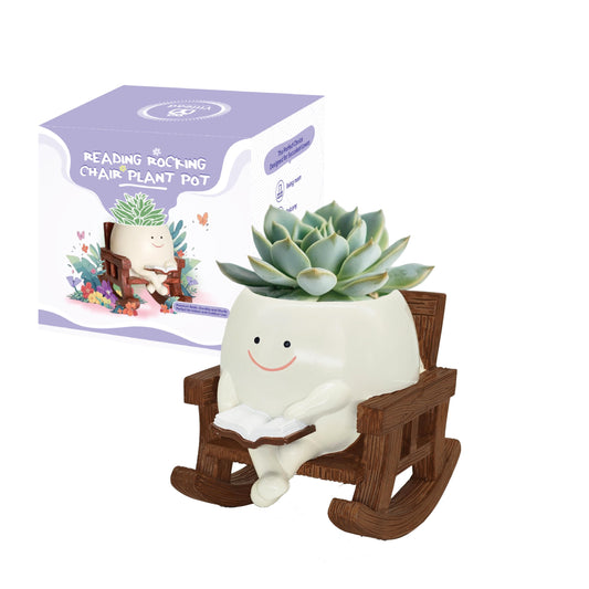 yiilead Smiley Face Planter Pot, Cute Plant Pots for Indoor Outdoor, Unique Reading Rocking Chair Plant Pot for Succulents Plants Live with Drainage Hole, Gift Idea for Mother Day and Christmas