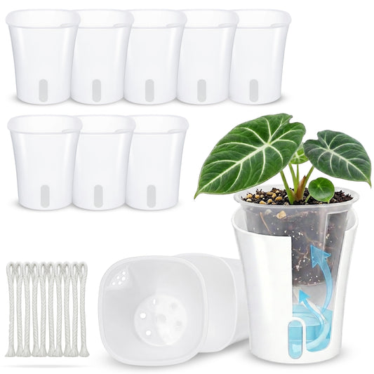 FYRIXONE 10 Pack 4" Self Watering Small White Plant Pots for Indoor Plants, Clear Inner Cup, Water Level Indicator, Drainage Holes & Wick, for Cuttings, Seedlings, Herb, African Violet, Hoya, Begonia