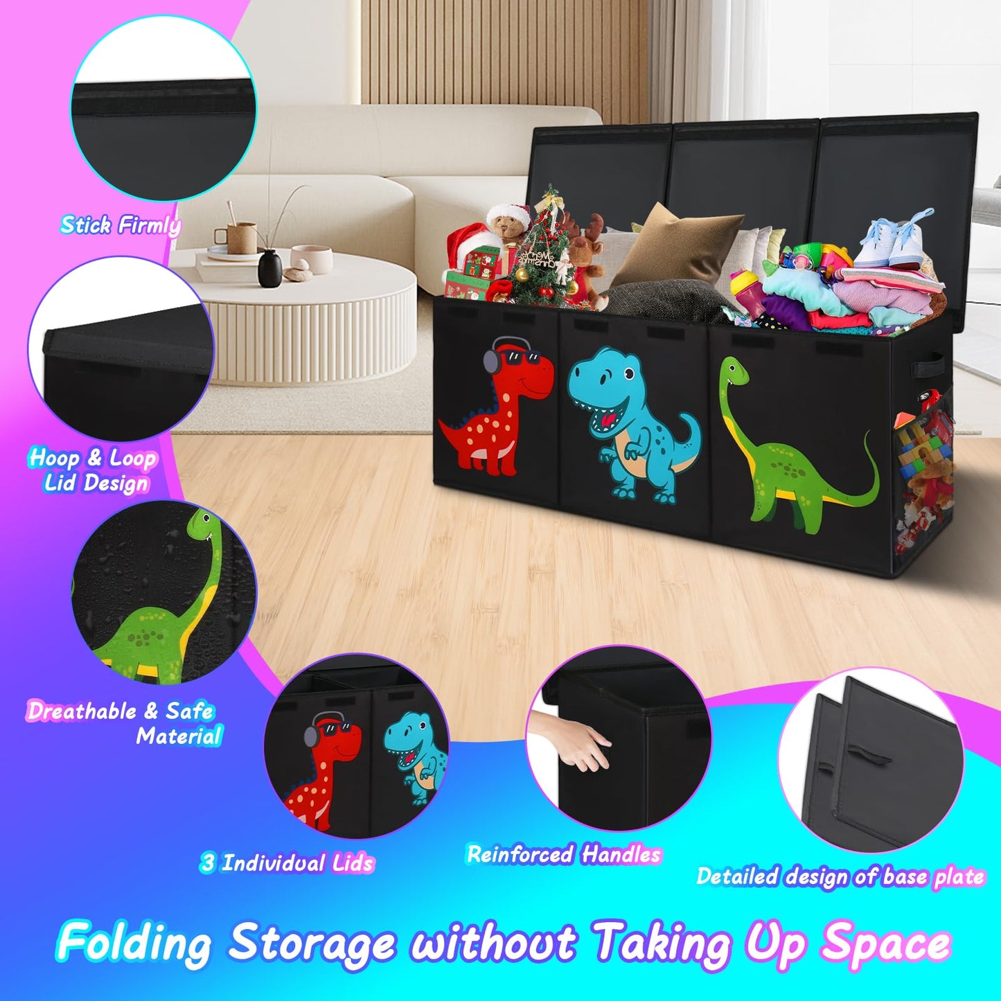 Mabahoo Extra Large Toy Box Chest, Collapsible Sturdy Kids Storage Organizer Bins with Lids, Black Dinosaur Toy Chest for Boys Girls, 40"x16"x16" Toy Storage Bin Boxes for Playroom Bedroom Nursery