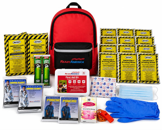 Ready America 70280 72 Hour Emergency Kit, 2-Person, 3-Day Backpack, Includes First Aid Kit, Survival Blanket, Portable Preparedness Go-Bag for Camping, Car, Earthquake, Travel, Hiking, and Hunting, Red