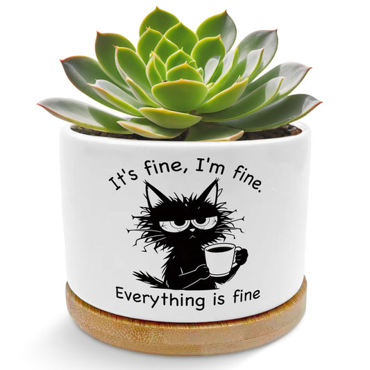 EVIHCG Funny Black Cat Planter Pots, Cat Lovers Gifts for Women Men, It's Fine I'm Fine Sarcastic Ceramic Succulent Plant Flower Planters for Home Office Desk Table Shelf(No Plants)