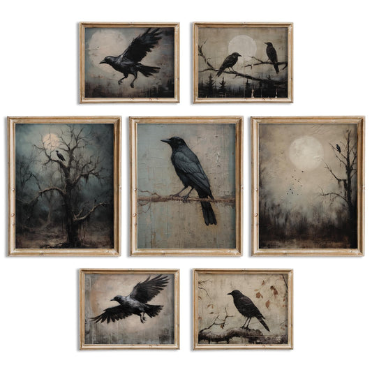 JarThenaAMCS 7Pcs Halloween Wall Art Prints Vintage Gothic Black Crow Wall Decor Dark Academia Raven Art Poster for Gallery Living Room Bedroom Decor (UNFRAMED)