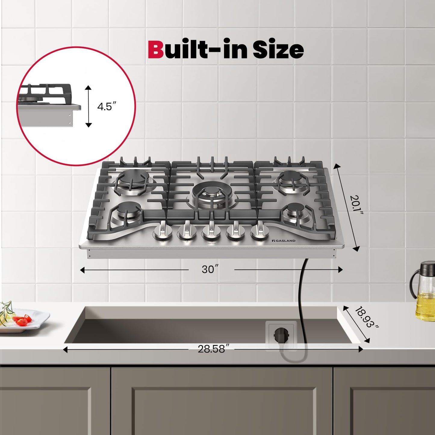GASLAND 30 Inch Gas Cooktop, 5 Burner Propane Stovetop, Built-in NG/LPG Convertible Cooktops, Gas Countertop Plug-in with Thermocouple Protection, 304 Stainless Steel Panel, CSA Certified