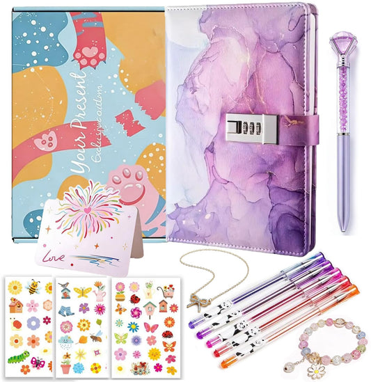 Diary with Lock for Girls, Password Notebook with Pen and Bookmark, Locked Journals for Teenage, Secret Diary Birthday Gifts for Girl Planner Notebook Kit (Purple)