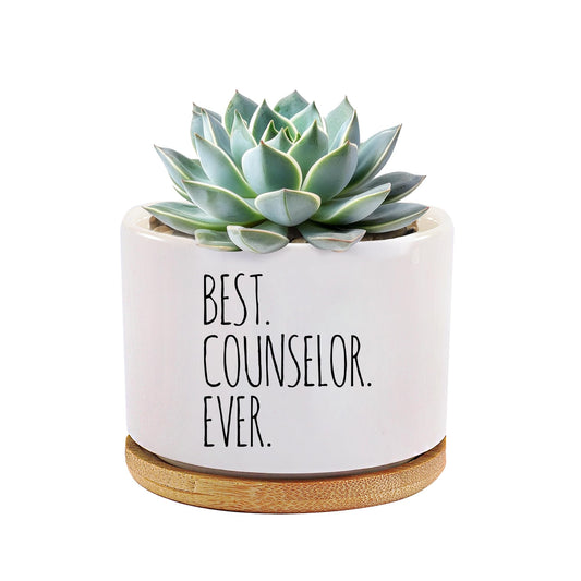 Best Counselor Ever Counselor Gifts Ceramic Succulent Plant Pot with Bamboo Tray Round Mental Health Therapist School Counselor Psychologist Home Office Decor Plant Lover 3.5 Inch White (No Plants)