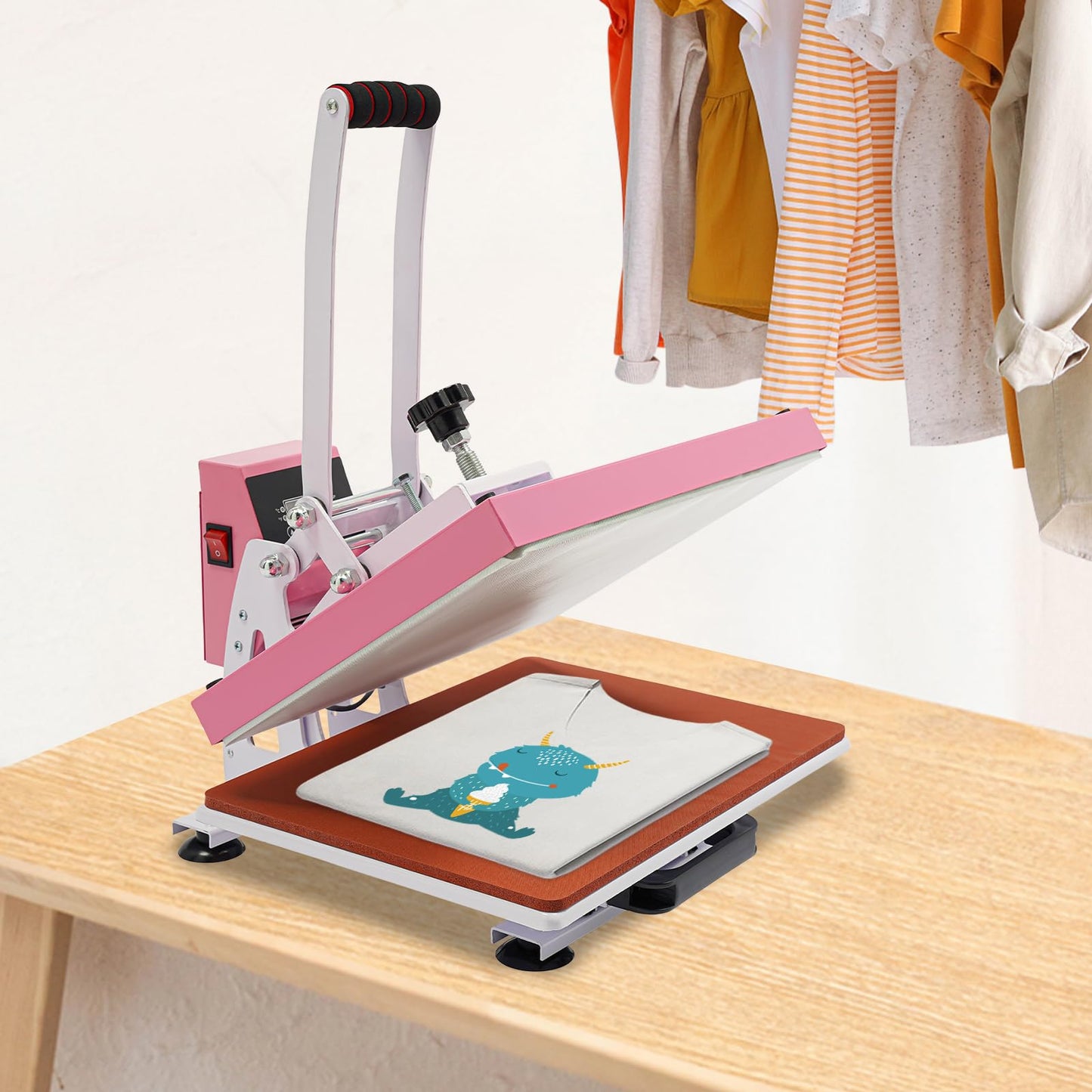 BFDIEEM Heat Press Machine for T Shirts, Digital T Shirt Pressing Machine with Soft Handle, Mini Manual Heat Presser Heavy Duty Hot Press Stamping for Clothing, Bags, Tiles, Pink 11.42 * 14.96in