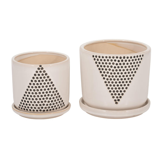 Set of 2 Geometric Decorative Ceramic Planter Pots with Saucer – Stoneware Outdoor Decor, Indoor Plant Pots with Drainage – Triangle Dot Design, Home Decor Ceramic Planters – 7" & 5", White