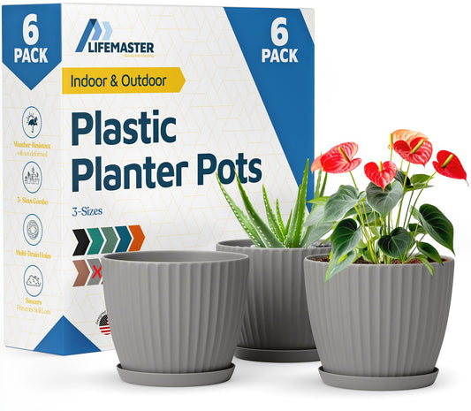Gray 6-Inch Plant Pots with Drainage & Saucers 6 Pack, Indoor & Outdoor Planters for Houseplants, Herbs, and Flowers, Durable & Weatherproof Material, Stackable, Lightweight, Minimalist Design