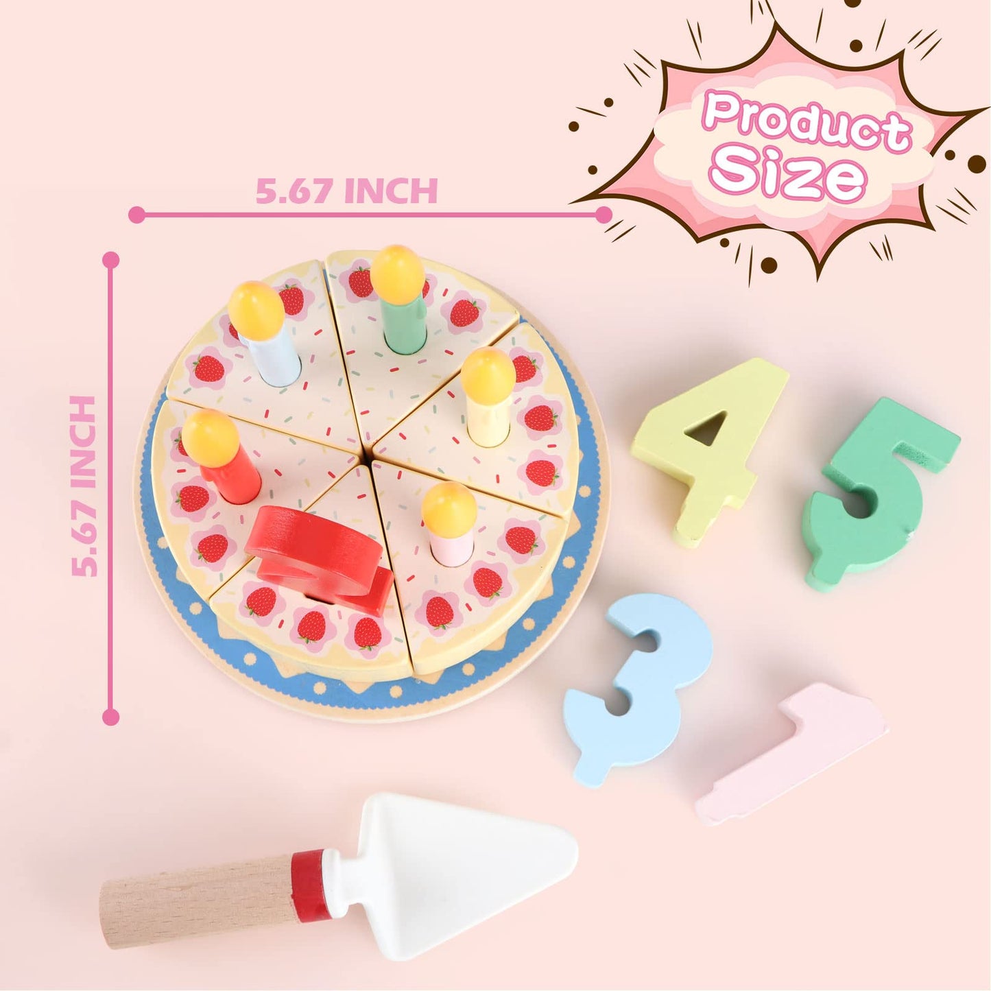Steventoys Wooden Cutting Cake Play Set, Fake Cake with Candles and Numbers, Pretend Play Food Set, Montessori Tea Party Toys Learning Kitchen Toys for Boys Girls 1-6 Years