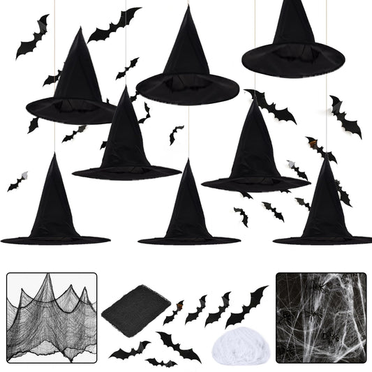 LINAYE Halloween Witches Hat XL Kit - 8 PCS Black Witch Hats with Hanging Rope,16 PCS 3D Bat,Spider Web,Creepy Cloth Halloween Hanging Decoration Decor Wizard Hats