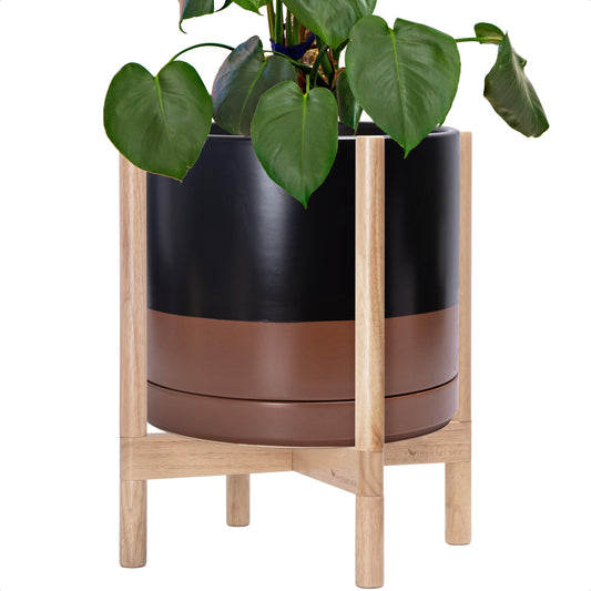 D'vine Dev Ceramic Planter with Natural Stand - 14 Inch Modern Round Flower Pot with Wood Planter Holder, Black/Speckled Tan, 55-B-R-7