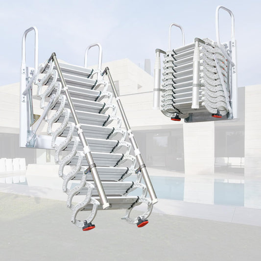 12 Steps Attic Stairs,Wall Mounted Folding Loft Ladder,Retractable Collapsible Stairs,Extension Steps Ladder with Armrests,Telescoping with Pulldown System (White, Step 12)