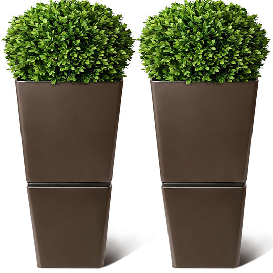 T4U Tall Planter for Outdoor Plants, 24.8 Inch Outdoor Planters for Porch Set of 2, Large Planter for Indoor & Outdoor Plants with Wheels Drainage Plug, Front Porch, Patio, for Home Decor (Dark Brown)