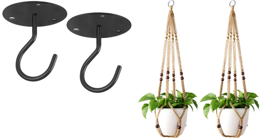 Mkono Macrame Plant Hangers Indoor Jute Hanging Planter Basket and Ceiling Hooks, Wood Beads Decorative Flower Pot Holder for Indoor Outdoor Boho Home Decor,Brown，Set of 2