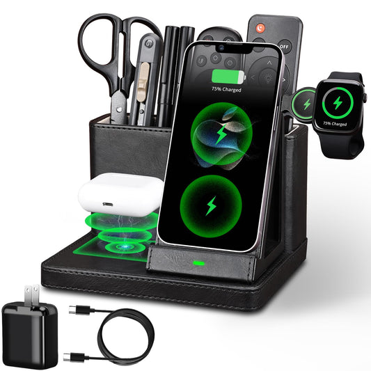 LADSTAG Desk Organizer with Phone Charger,Nightstand Desktop Organizer,Office Supplies Desk Accessories,Pen Holder Remote Control Holder,Black Leather Organizer With Charging Station (black)