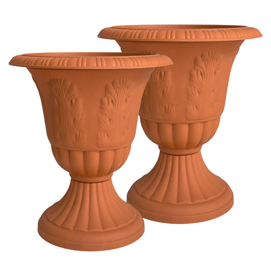 OUMUHE Set of 2 Goblet-Shaped Plastic Planter Urns, 16" H × 14.5" D Large Lightweight Durable Flower Pots, Decorative Indoor Outdoor Garden Patio Plant Containers (Terracotta)