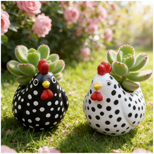 MOSYFEIBI Hens and Chicks Planter Pot Set of 2, Whimsical Chicken Planters for Indoor Outdoor Plants, Resin Succulent Pot with Drainage, Weather-Resistant Farmhouse Garden Decor (White and Black)