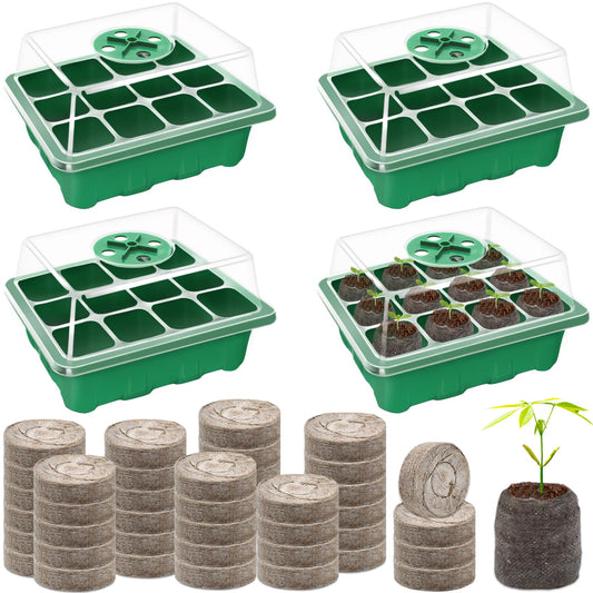 Halatool 4 Pack Seed Starter Tray with 50 PCS Peat Pellets, 48 Cells Green Seeding Starter Trays for Organic Seed Starter Soil Pods for Planting Vegetables Plants Flowers - Starting Seeds Kit