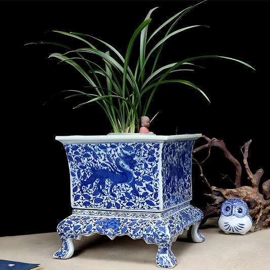 WLBHWL Chinoiserie Blue and White Chinese Porcelain Square Planter Jingdezhen Hand Painted Extra Large Flower Pots Square Porcelain