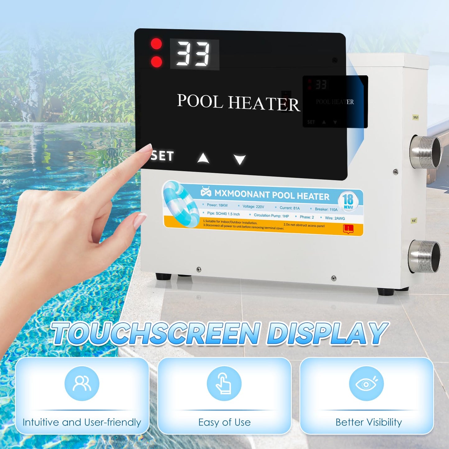 Mxmoonant SPA Heater, 18KW 220V Swimming Pool Heaters Hot Tub Water Thermostat with Touchscreeen for Above Ground Inground Pool, Spa, Bathtub