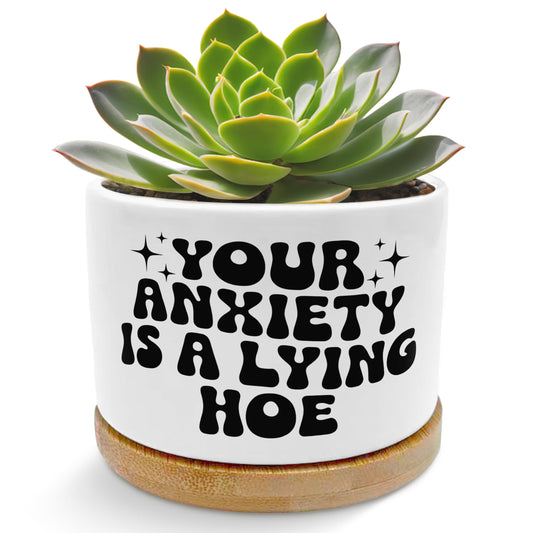 EVIHCG Funny Mental Health Planter Pots, Anti Anxiety Gifts for Women, Your Anxiety is Lying Inspirational Ceramic Succulent Plant Flower Planters for Home Office Desk Table Shelf(No Plants)