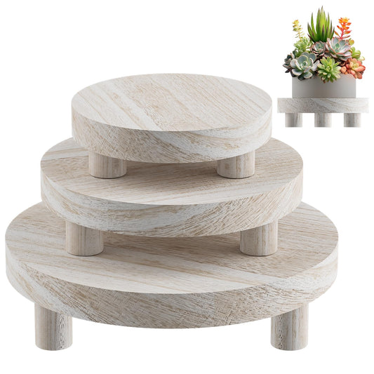 HAWHUV 3 Pcs Wood Plant Stand Indoor Outdoor, Round Wood Riser for Decor 6/8/10" Wooden Stool Display Stand Flower Pot Holder Small Planter Tray Modern Potter Decorative for Desktop Counter Room