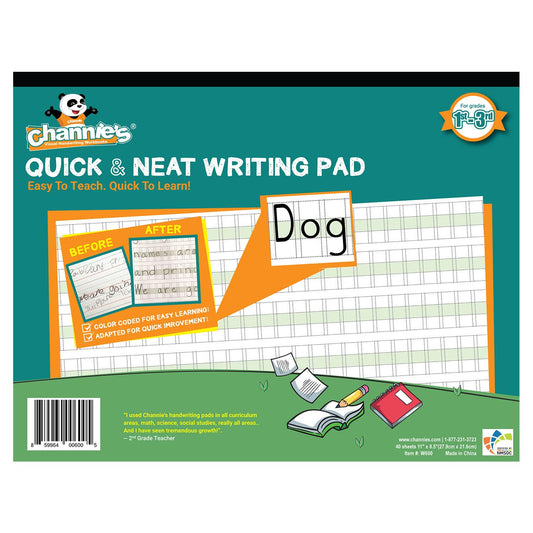 Channie's Quick & Neat Writing Pad, Practical Kids Handwriting Practice Workbook, 40 Color-Coded Double-Sided Worksheets for Easy Learning, Improves Penmanship & Writing Skills