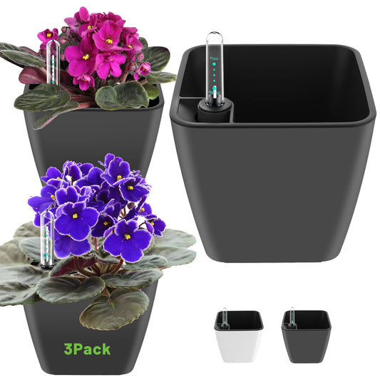 GS Garden Self Watering Planters for Indoor Plants, 5.2 Inch 3 Pack Square Plastic Plant Pots with Water Level Indicator & Drainage System for African Violet Herbs Succulents - Gery