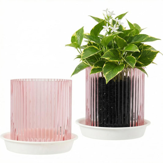 Hestremo Pink Glass Plant Pots Indoor, 5 inch Clear Orchid Pots with Drainage Holes & Trays, Small Glass Planter for Indoor Plants, Herbs, Succulent Flower Planter with Ribbed Texture, Set of 2