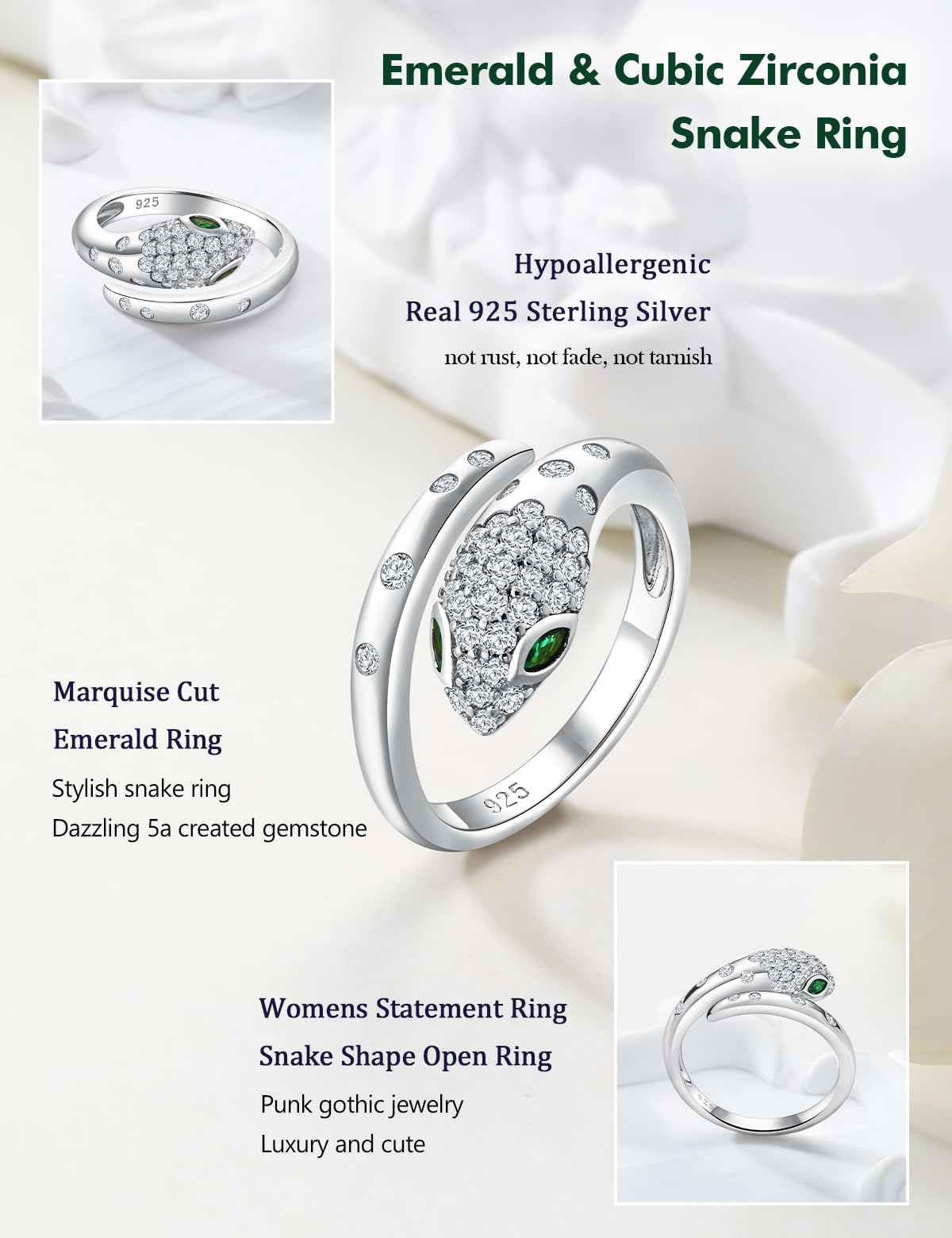 RANDES Cubic Zirconia Snake Rings for Women Adjustable 925 Sterling Silver Green Emerald Eye Fashion Statement Finger Cocktail Ring Punk Jewelry Size 7