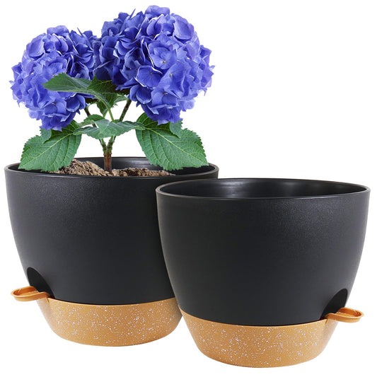 WSMKSZ 8 inch Self Watering Pots, 2 Pack Plastic Planters with Mesh Drainage Holes for Garden Plants and Flower, Plants Pots with Deep Reservoir for Indoor Outdoor Plants, Black with Brown