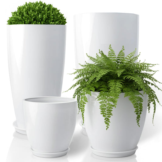 ZMTECH 24/21/12/10" H Large Plastic Planters with Drainage Hole and Saucer -Set of 4 Tall Plant Pots for Indoor & Outdoor Use,White Glossy Smooth Lightweight Flower Pot for Front Porch Patio Deck