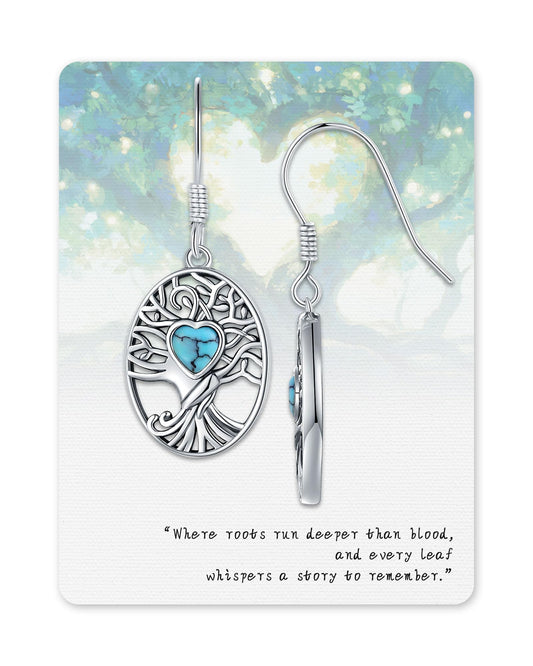 S925 Sterling Silver Turquoise Dragonfly Sunflower /Hummingbird/Butterfly/Cross/Anchor Earring Vintage Bohemian Jewelry Natural Drop/Stud Earrings Birthday Jewelry Gifts for Women (Turquoise Tree of Life Earrings)