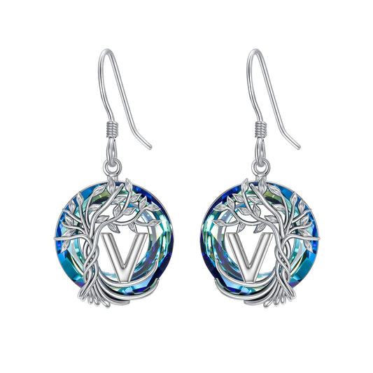 TOUPOP Tree of Life Initial Earrings Sterling Silver Initial V Letter Drop Dangle Earrings Blue Circle Crystal Family Tree Jewelry Birthday Mothers Day Gifts for Women Mom Her