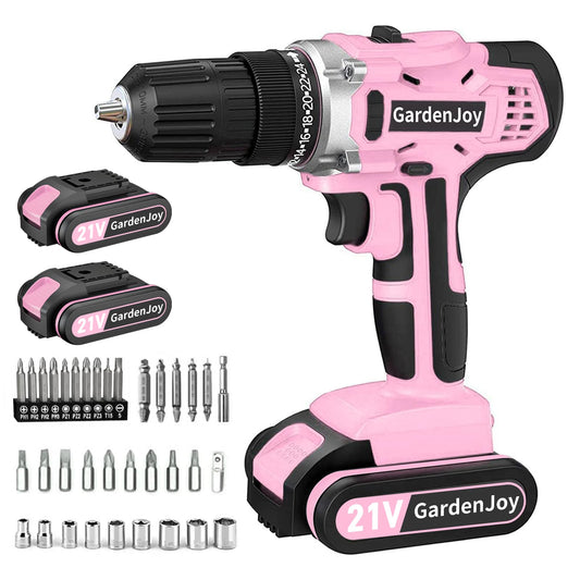 GardenJoy 20v Cordless Drill Set, Power Electric Kit 2 Batteries With Charger 30Nm 2-Speed 3/8" Keyless Chuck 24+1 Torque Drill Driver screwdriver Bits with LED Electric Work Light for Women DIY